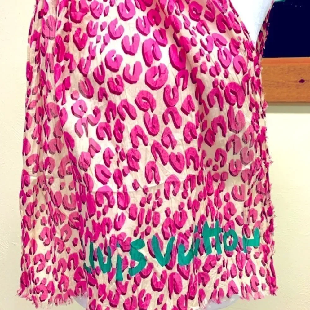 Auth Louis Vuitton Pink Lepord Print Limited Edition Stephen Sprouse Wrap Scarf